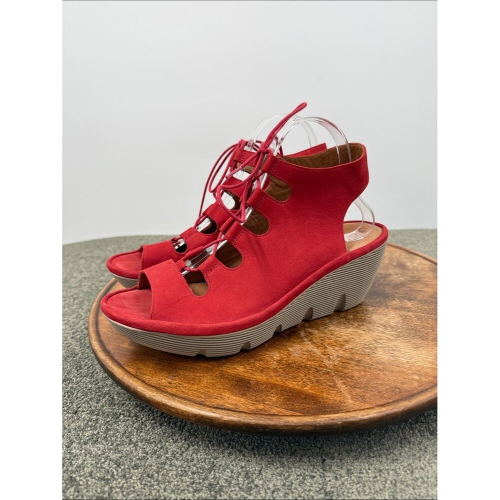 Clarks Sandals Wm 10 M Clarene Grace Wedge Red Nubuck Leather Lace Up Comfort
